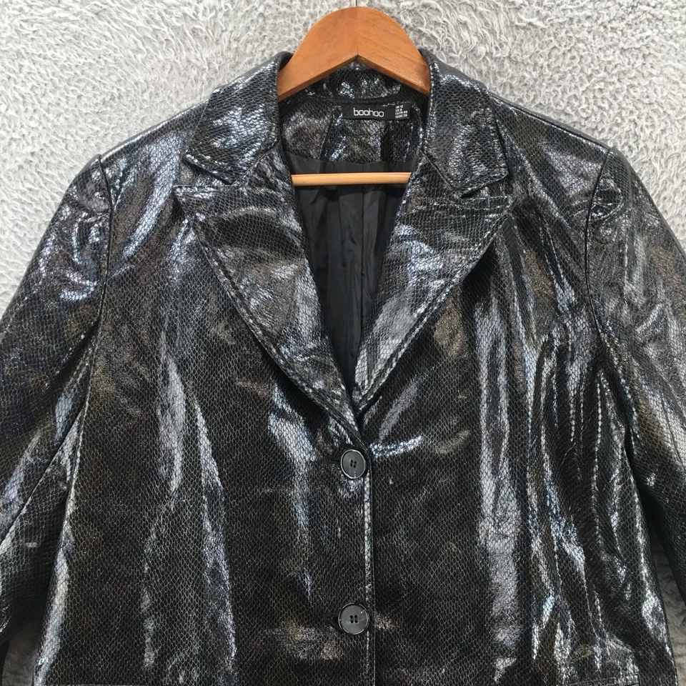 Boohoo Trench Coat Blazer Jacket Womens 8 Black Snake Collared Long Sleeve - Image 2 of 4