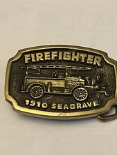 Vintage Firefighter 1910 Seagrave Fire Truck Belt Buckle Solid Brass BTS MadeUSA