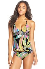NWT 168 Sz 10 Trina Turk Garden Paisley Tankini Top Shirred Bottom 2PC Set