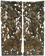 Traditional Thai Sawaddee Figure on Elephant. Large Carved Wood Panels. Brown
