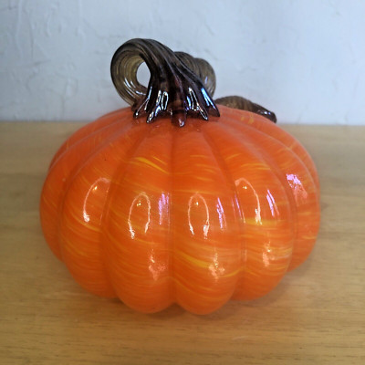 Hand Blown ART GLASS PUMPKIN 4.5'' Orange/Yellow Swirl Stripe Brown Curly Stem