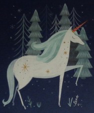 UNUSED Christmas greeting card, magical unicorn on blue, 7"