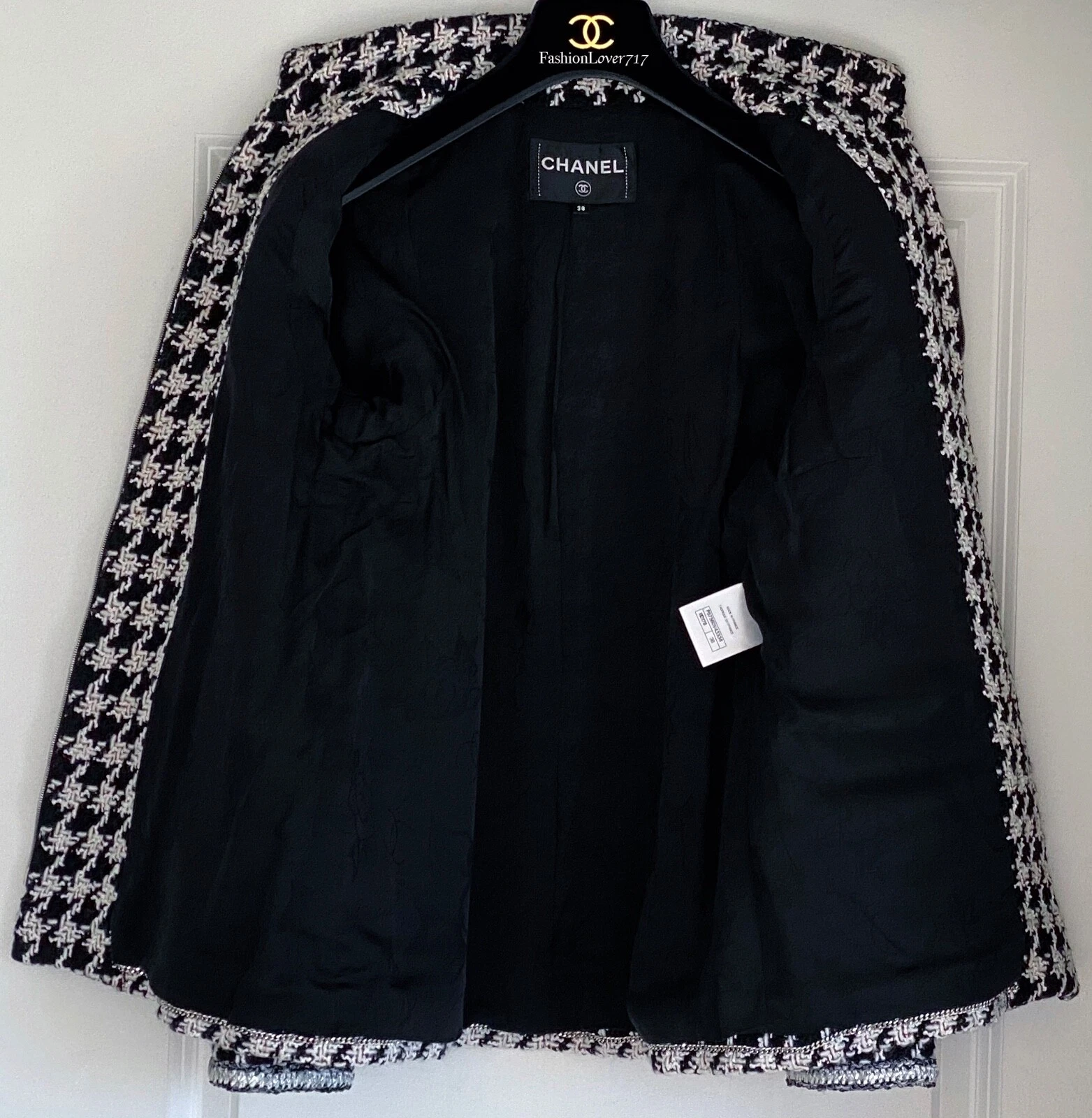 GIACCA CHANEL 17A RUNWAY NERA BIANCA HOUNDSTOOTH ARGENTO TRECCIA 38