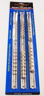 3 CAL-HAWK SOCKET RACK RAILS ORGANIZER HOLDERS 1/4'' 3/8'' 1/2'' 16 CLIPS PER RAIL 