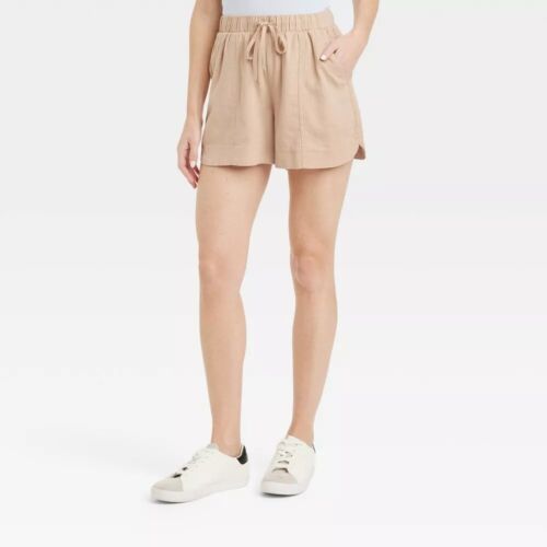 Pantalones Cortos Pull-On Universal Thread de Lino de Tiro Alto para Mujer Tostados Pequeños