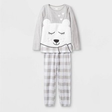 NWT Cat  Jack Girls Size Small 6/6X 2 Piece Cozy Bear Pajama Light Gray White