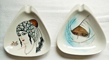 Retro Mid Century Turkish Ladies Historical Ash Tray  Ceramic  pair