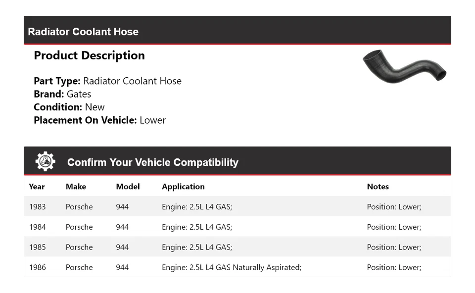 Manguera de refrigerante de radiador puertas inferiores 1984 1985 para Porsche 944 1983-1986 Foto 2 de 4