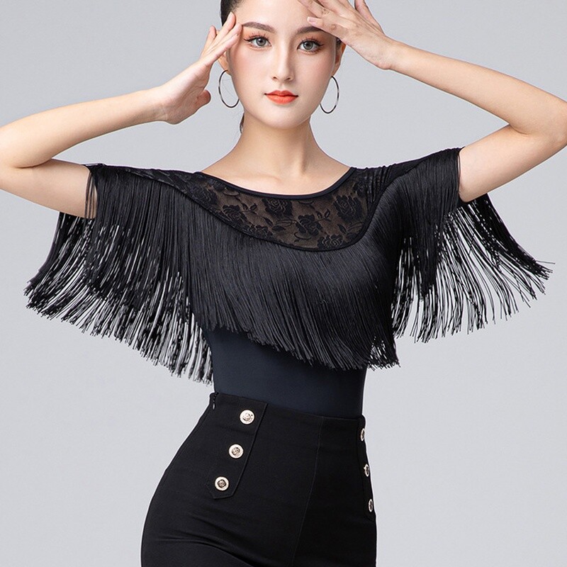 Damen Fransen Spitze Kurzärmeliges Top Moderne Tango Tanz Bluse