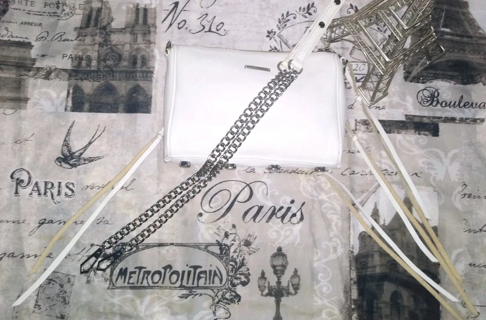 REBECCA MINKOFF Moto 3 Zip Wht Pebble Leather Chain Fringe Stud XBody Bag GRT❤️  - Image 3 of 4