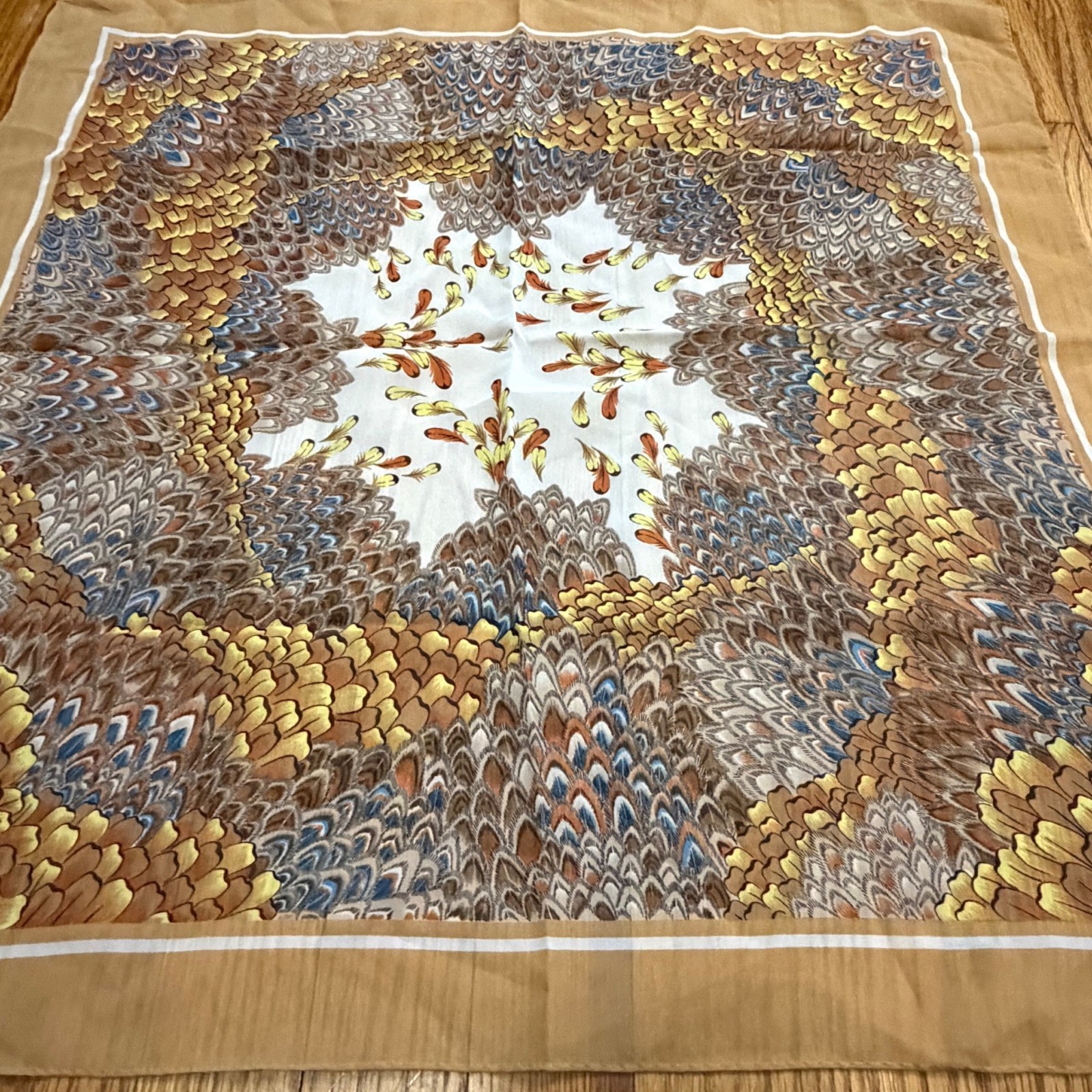 как выглядит Vintage Square Polyester Scarf With Feather Design In Earth Tones Made In Japan фото