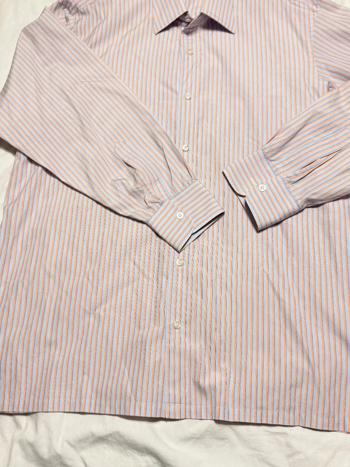 Camisa de vestir Charvet Paris para hombre grande 43/17 blanco melocotón y rayas azules Foto 3 de 4