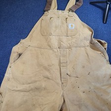Carhartt R01 Tan Brown Duck Bib Overalls Double Knee Workwear Distressed 44x32