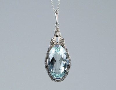 935 Silber - antiker Art Deco Anhänger - 10.30 ct Aquamarin - ZERTIFIKAT