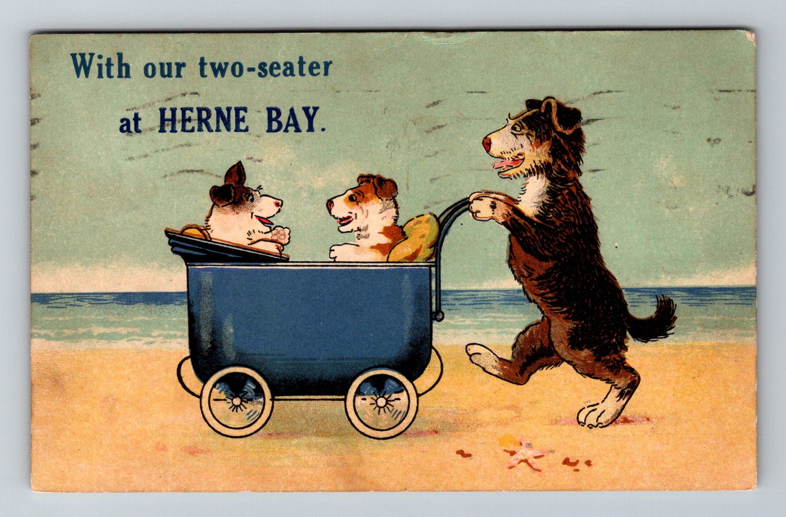 England- Herne Bay Comic Dog Pushing Baby Carriage Old PC Vintage c1930 Postcard