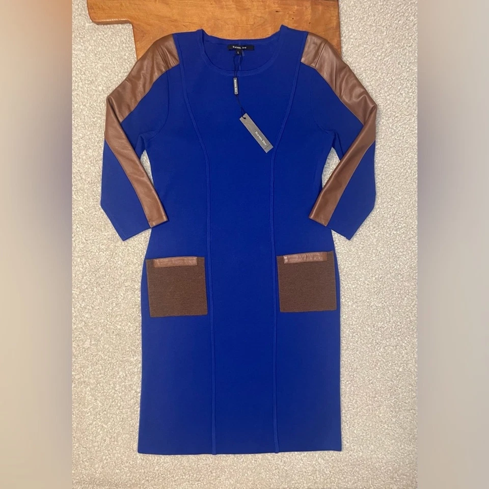 *NUEVO CON ETIQUETAS* Vestido Rachel Roy-Medino-Mezcla de Lana Azul y Cuero Camel-Grande Foto 4 de 4