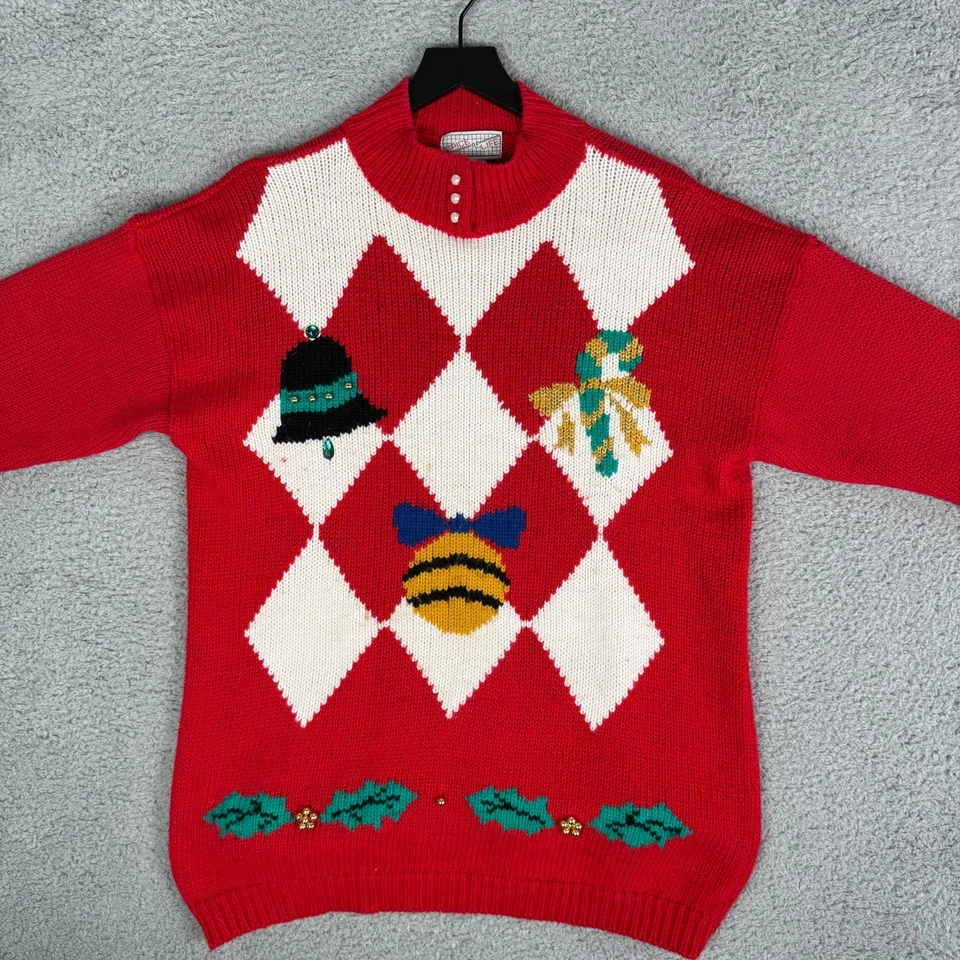 Suéter Tejido Vintage Navidad Años 90 Para Mujer Grande Argyle Campanas Perlas Rojas Sagradas Foto 4 de 4
