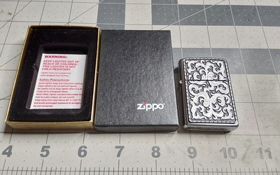 2003 Zippo Boxed Unused Pewter Plaque Floral Scroll Work