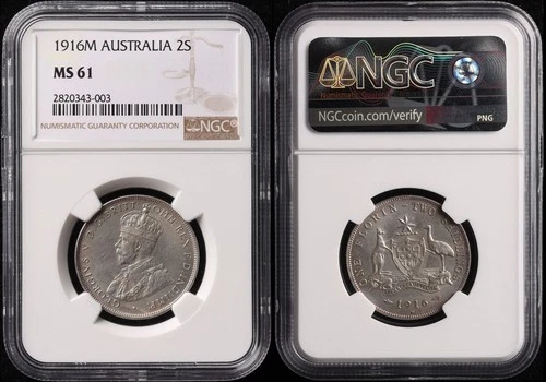AUSTRALIA 1916M KGV 2/- florin Purple-grey tone. NGC graded MS61.