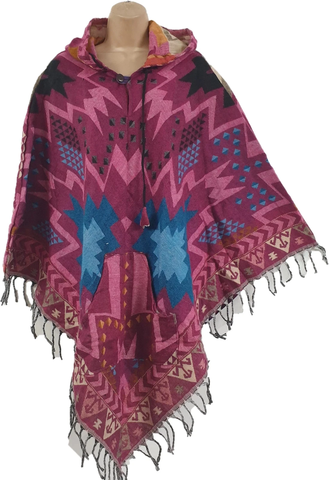 Geometric Print Hooded Acrylic Wool Hippy Festival Poncho Tassel Pocket S M L XL