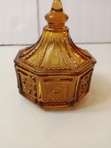Vintage Imperial Glass Candy Dish with Cover, Octagonal, Amber, Birds, Flowers