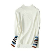 Lady Knitted Sweater Jumper Stand Collar Striped Sleeve Warmer Knitwear Pullover