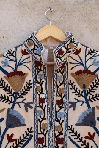 Indian Beige Suzani Printed Jacket Handmade Velvet jacket Women's Clothing US - Picture 2 of 4