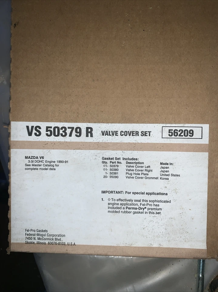 Juego de juntas de cubierta de válvula de motor Fel-Pro VS 50379 R para Mazda 929 90-91 3,0 L-V6 Foto 2 de 3