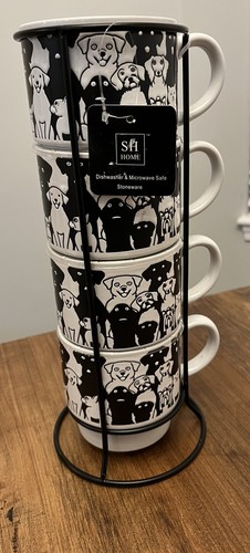 SH Home Stackable Mugs Black And White Dogs Stoneware Set Of 4 - Picture 8 of 14