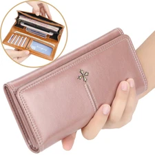 Large Capacity Leather Clutch Wallet Womens Trifold Credit Card Phone Holder Bag