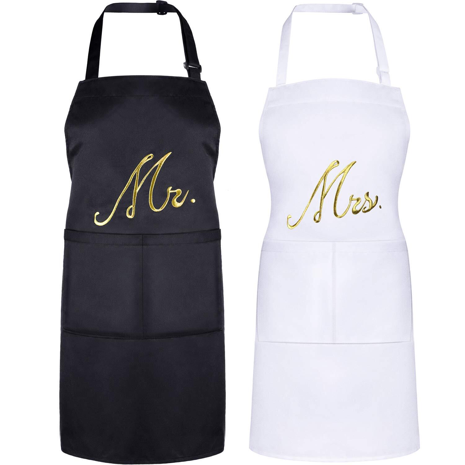 2 Piece Mr. and Mrs. Couple Apron Set Kitchen Aprons Matching Engagement Wedd