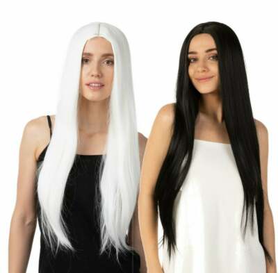 Deluxe lange weiße Perücke schwarz Perücke Cosplay UK süß Kostüm gerade Damen UK