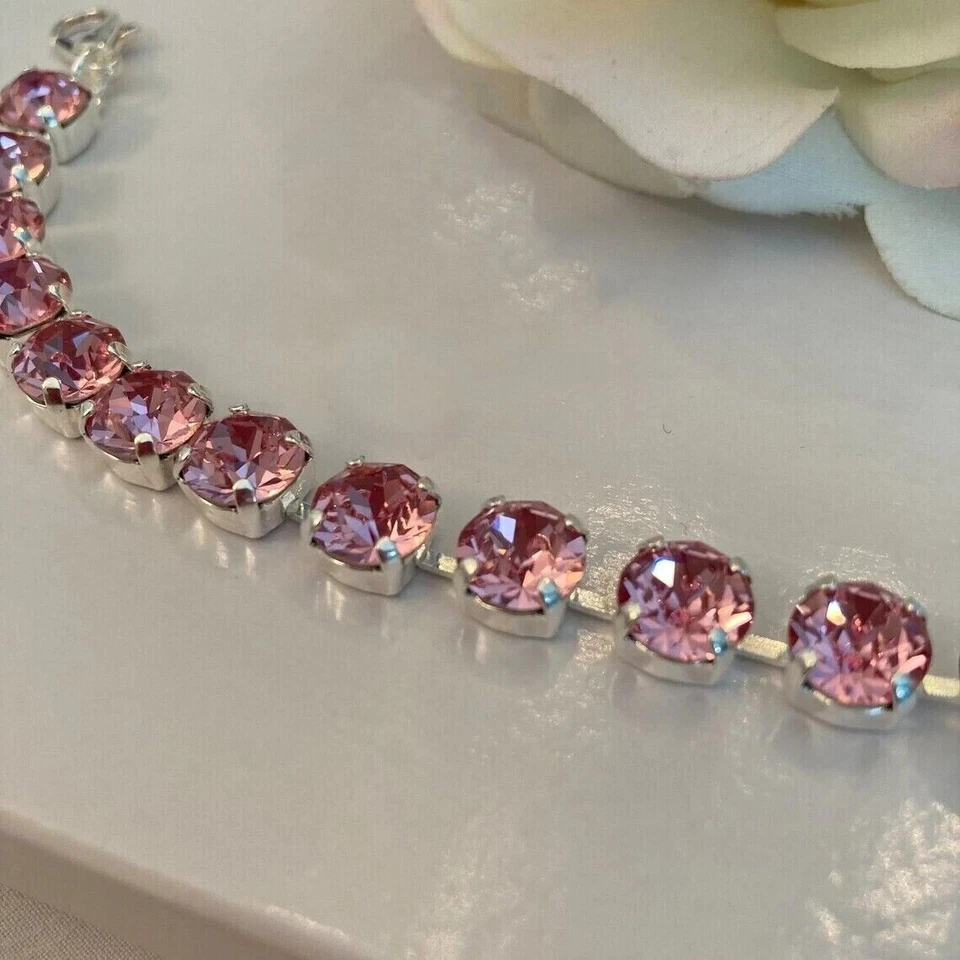 Brazalete Tenis 10.0 Ct Corte Redondo Simulado Rubí Rosa Chapado en Oro Blanco 14K Foto 4 de 4