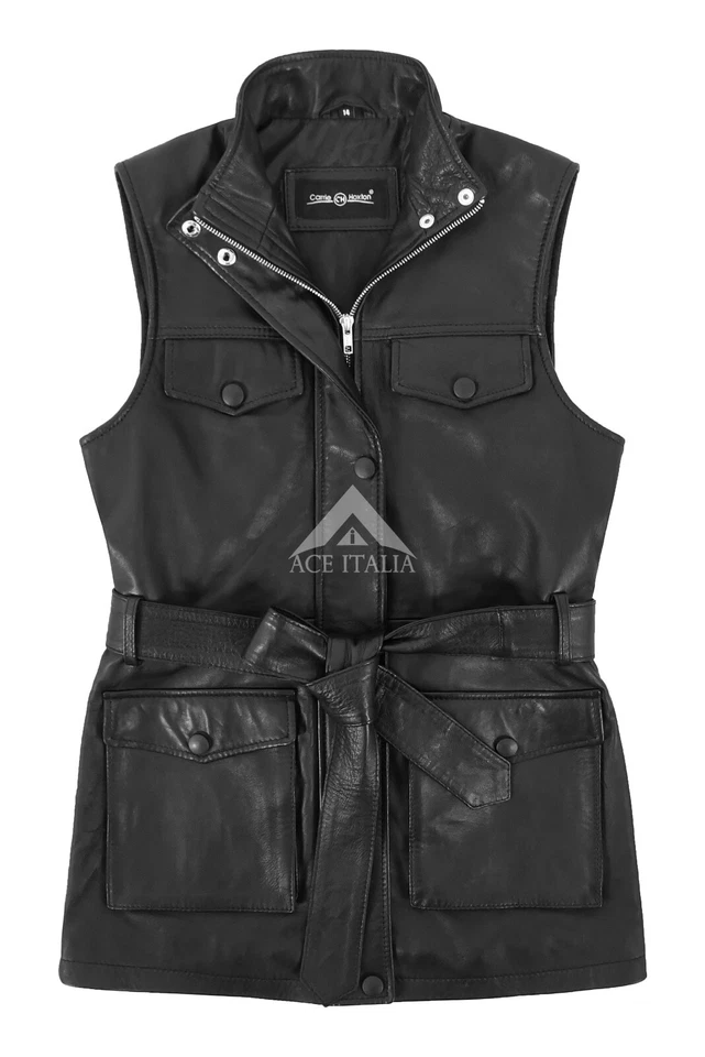 Ladies Trench Gilet Black Long Classic Style Waist Belted Vest Leather Waistcoat - Image 2 of 4