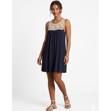 Charlotte Russe Navy Blue Crochet Lace Yoke Mini Dress Sleeveless Boho Shift L