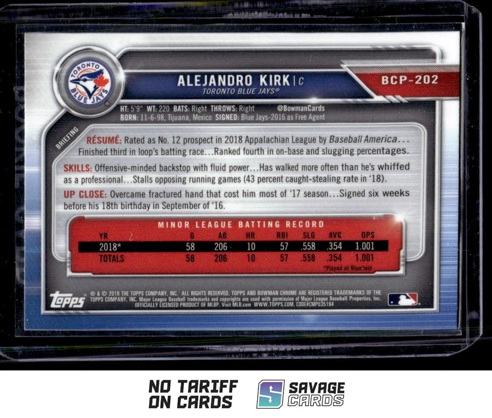 2019 Bowman Chrome Prospects Alejandro Kirk . #BCP-202 Toronto Blue Jays - Image 2 of 3