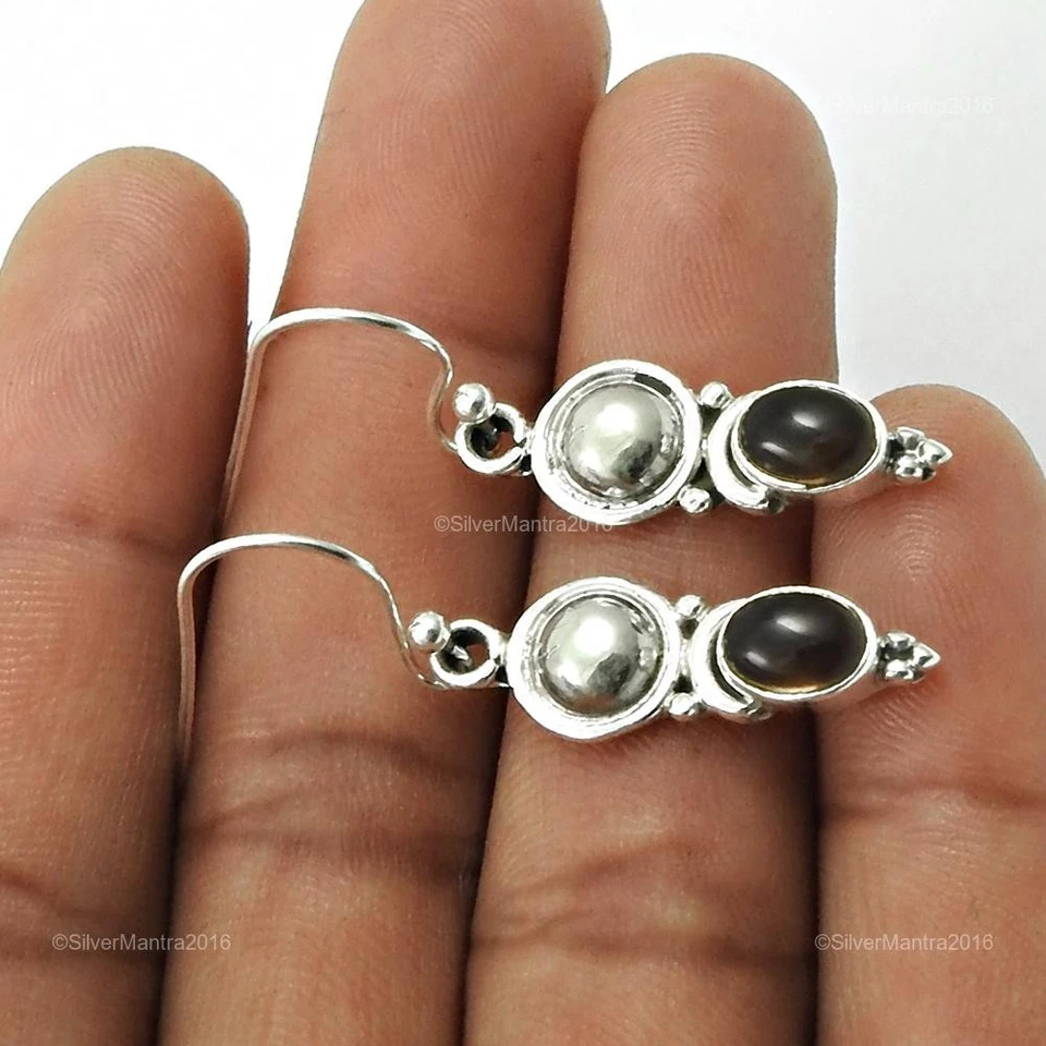 Orecchini Pendenti In Argento Sterling 925 Con Gemma Di Quarzo Affumicato Ovale - Immagine 3 di 4