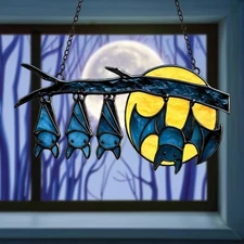 Playful Bats & Moon Suncatcher, Faux Glass Halloween Decor for Witchcore