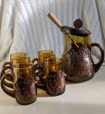 VINTAGE Spanish Amber Glass Sangria Carafe 7 Piece Set - Circa 1970's
