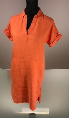 Halston Linen Shirt Dress Orange Short Sleeve Collared V-Neck Women s Size Small
