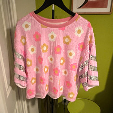 Simply Southern Women's Pink Floral Sequin Crewneck Pullover Sweatshirt S