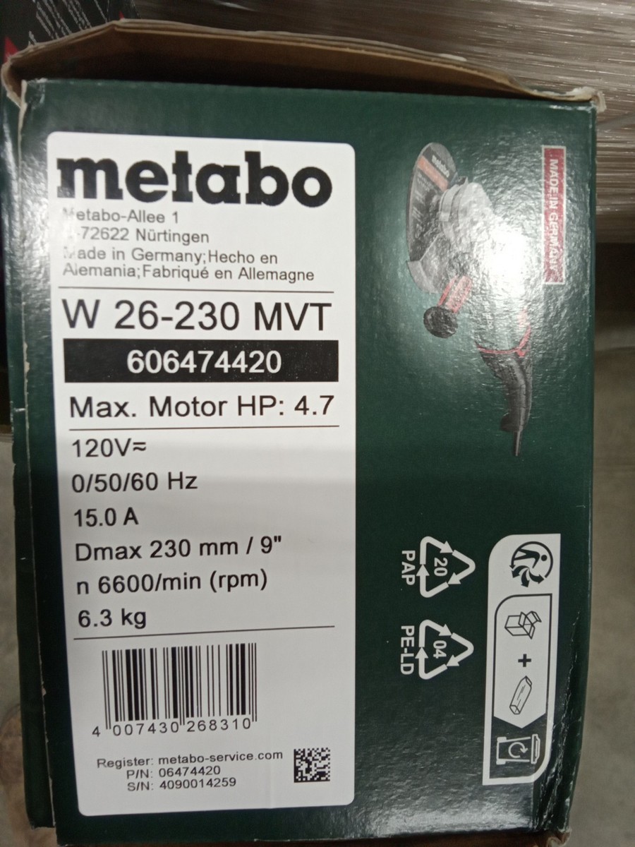 Metabo W 26-230 Mvt Angle Grinder, 9'', 15 A, 6600 Rpm, 120Vac | eBay