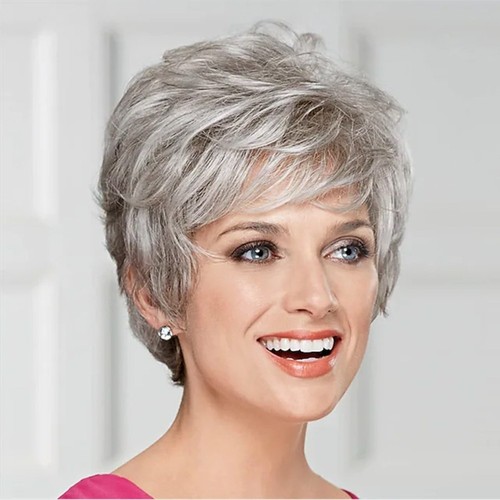 Side Part Short Mixed Gray Wigs Synthetic Women Bob Wigs Daily - Picture 5 of 11