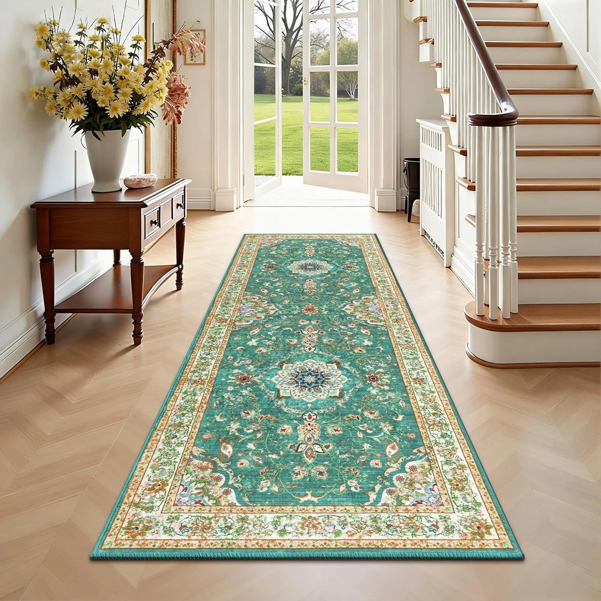 Enyhom Hallway Runner Rug Non-Slip Vintage Floral – Green 60 x 180cm