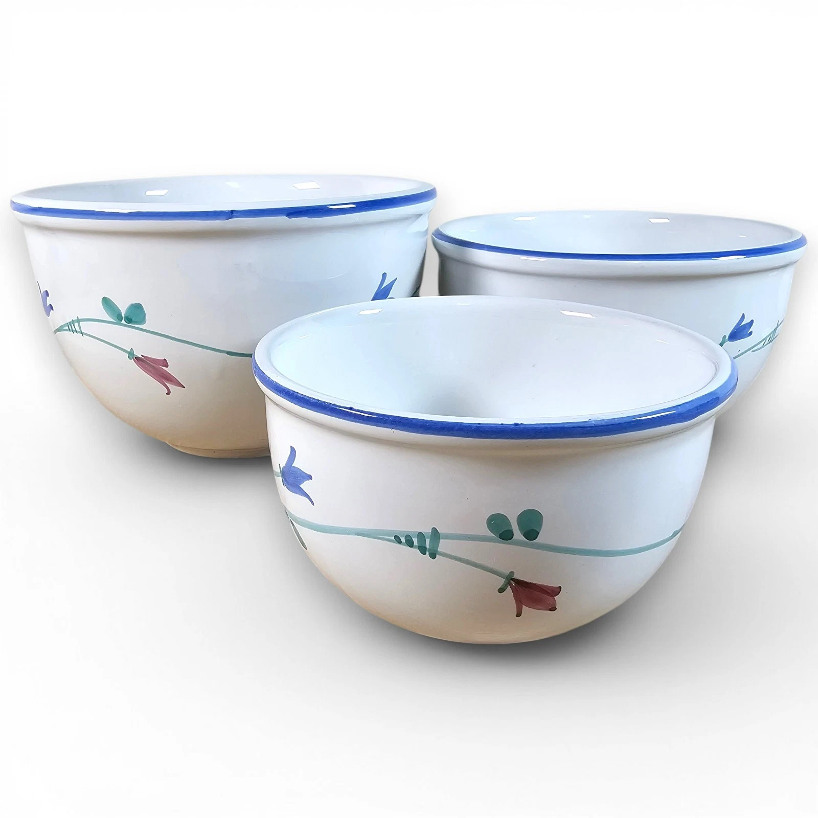 Savoir Vivre Portofino Blue Nesting Mixing Bowls Set of 3 White Floral Vintage