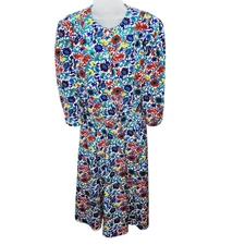 Vintage 80's  California Looks Floral Medium Length Sleeve Women's Midi Dress 14