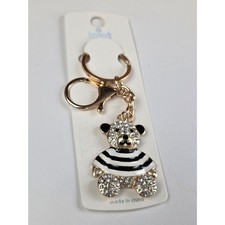 Mint Teddy Bear Keychain OS Gold White Black NWT Rhinestone Enamel Striped Charm