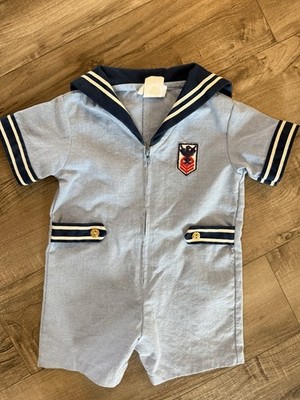 VTG Little Bit White Baby Blue Nautical Sailor Romper Size 18 Months