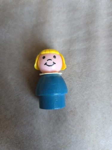 Vintage Fisher Price Little People Figure Blue Wood Wooden Toy Girl Blonde Hair