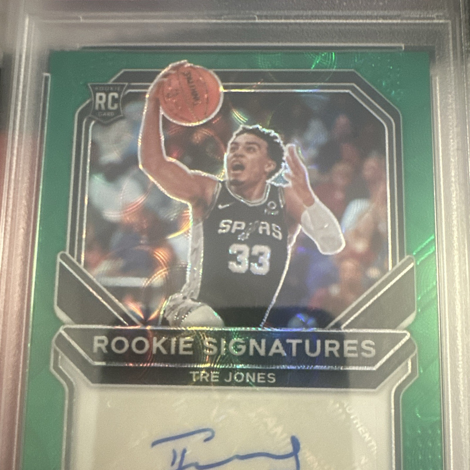 Panini 2020-21 Prizm Tre Jones Rookie Signatures RS-TJN Green /8 Auto PSA 10 view 2